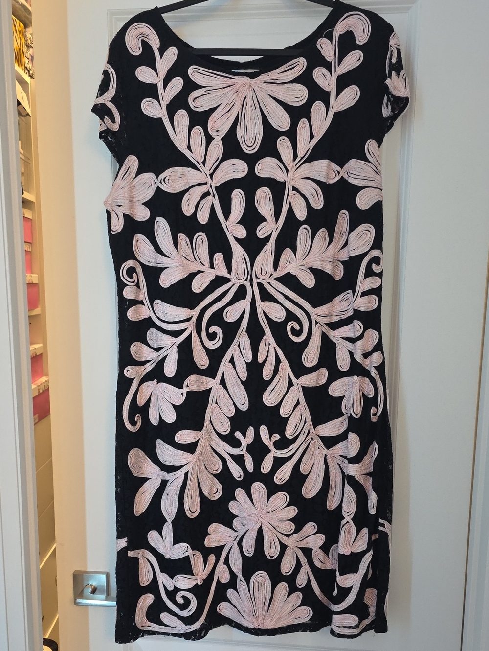 Black Midi Dress with Pale Pink Floral Appliqué